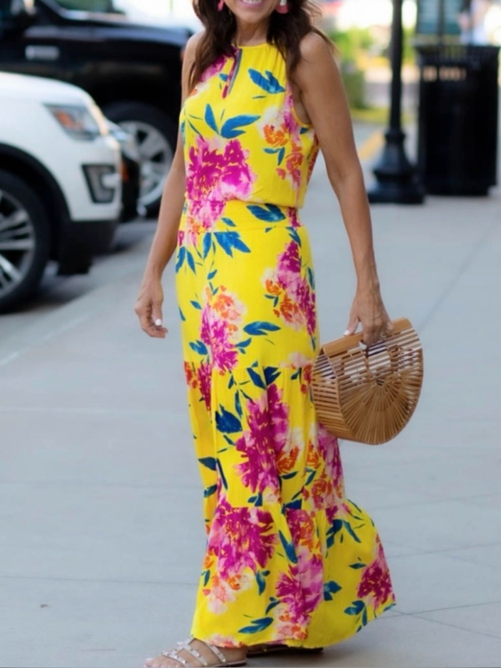 Allison Joy Yellow Maxi Dress with Pink Floral Print